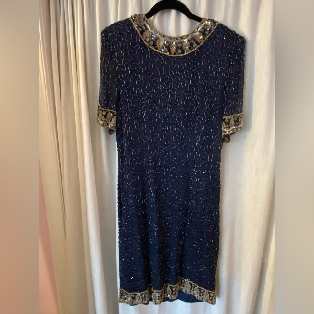 Lawrence Kazar 100% Silk Beaded & Sequin Vintage Blue Dress Size Woman’s Large